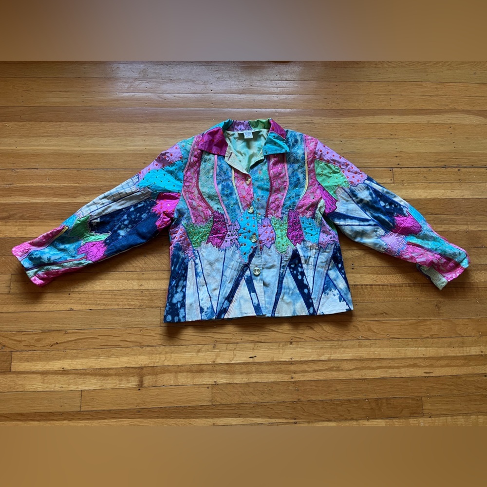 Vintage ANAGE jacket denim colorful sequins silk patchwork M 80s 90s quilted